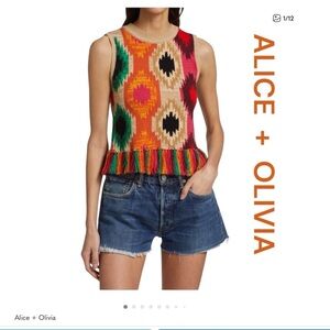 Alice + Olivia Reva print fringe knit sweater